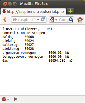 screenshot van een php script om de slimme meter uit te lezen